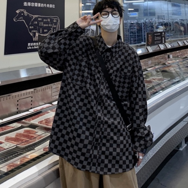 Áo khoác sơ mi tay dài kẻ ô bàn cờ Nhật Bản mới dành cho nam