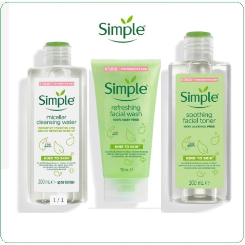 Combo Simple Làm Sạch & Cân Bằng Dịu Nhẹ Da Nhạy Cảm 3 Món. Nước tẩy trang, Sữa rửa mặt, Toner Simpl