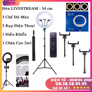 Đèn Livestream size 54 cm + chân 2m1+điều khiển+3 kẹp điện thoại, hỗ trợ chụp ảnh make up trang điểm nhiều chế độ sáng