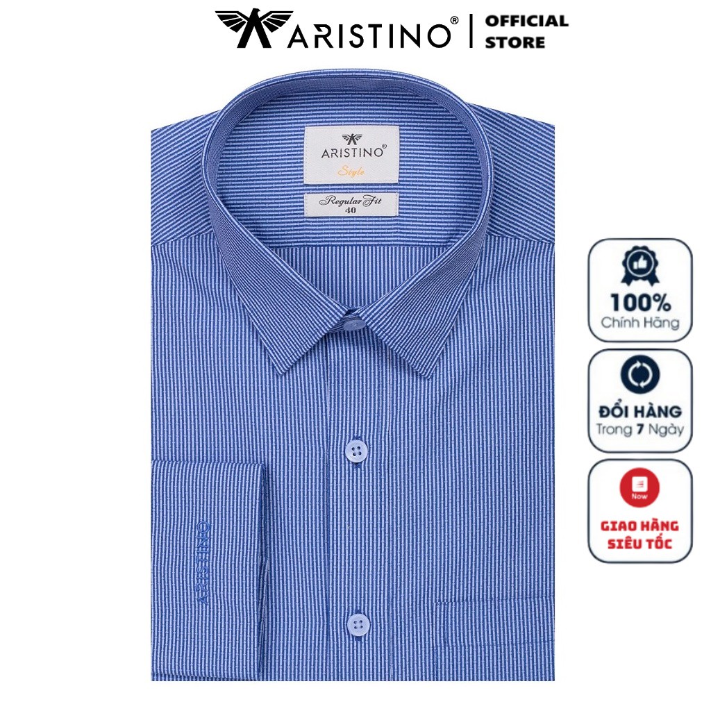 Áo Sơ Mi Nam Dài Tay ARISTINO ALS53808 Somi Công Sở Cao Cấp Màu Xanh Sọc Chấm Dọc Vải Sợi Tre Dáng Suông Có Túi