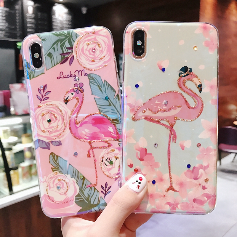 Ốp lưng mềm in hình chim hồng hạc đính đá lấp lánh cho IPhone X XS Max XR IPhone 8 7 6 6S Plus 11 Pro Max SE 2020