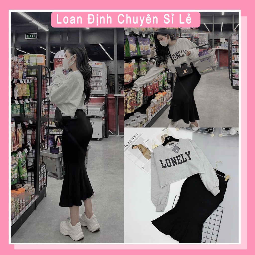 Set bộ LONELY áo croptop dài tay mix chân váy đuôi cá đồ bộ nữ thu đông
