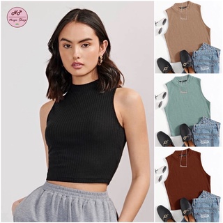 Áo Croptop Ba Lỗ Nữ Cao Cổ Thun Gân Dệt Kim, áo sát nách form basic Shein