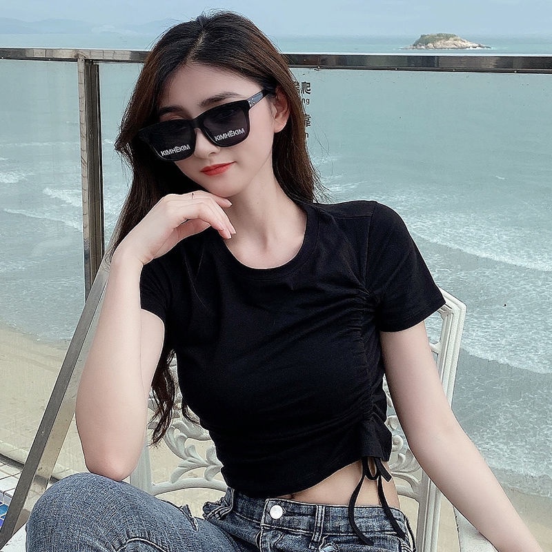 Áo Croptop Tay Ngắn Cổ Chữ V Lưng Cao Phối Dây Rút Thời Trang Quyến Rũ Cho Nữ