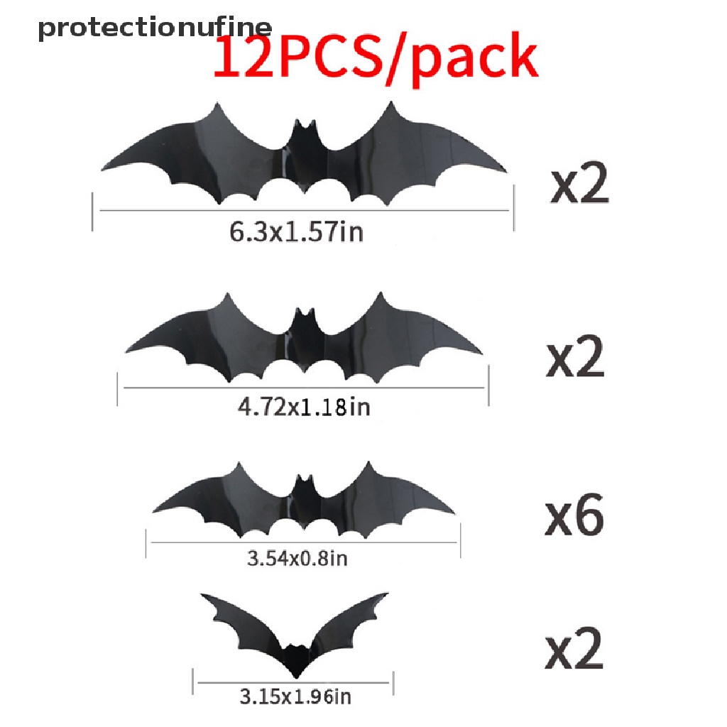 Bộ 12 Miếng Dán Trang Trí Halloween 3D Bằng PVC Màu Đen Hình Dơi