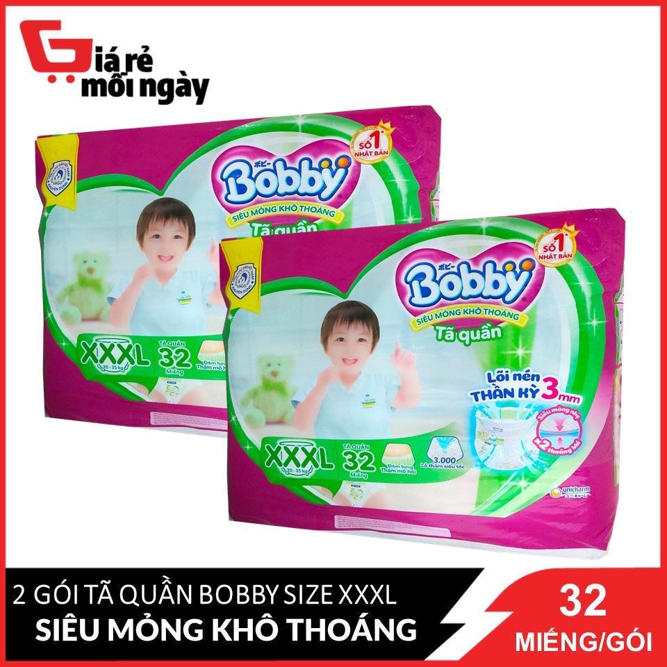 Combo 2 Tã Quần Bobby Siêu Mỏng Khô Thoáng XXXL 32 Miếngx2