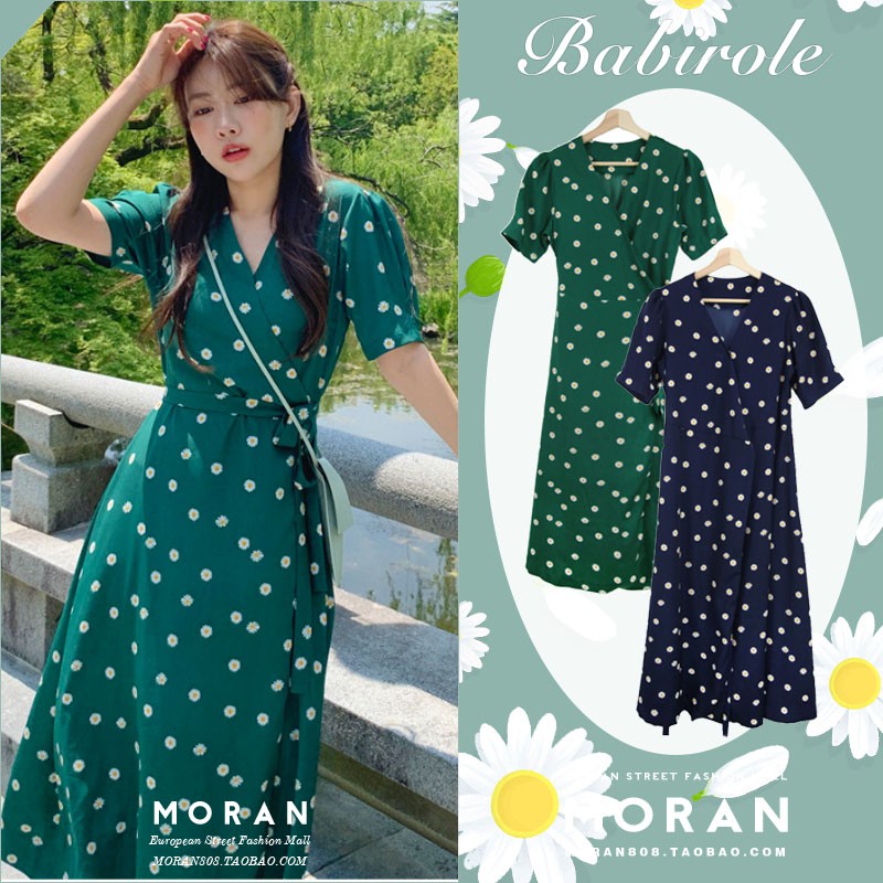 (ORDER) Váy MORAN xòe dài hoa cúc nhí cổ V thắt eo điệu đà Vintage Hàn Quốc mùa hè 2020 (NEW ARRIVALS 2020)