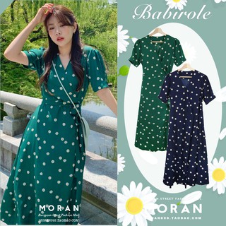 (ORDER) Váy MORAN xòe dài hoa cúc nhí cổ V thắt eo điệu đà Vintage Hàn Quốc mùa hè 2020