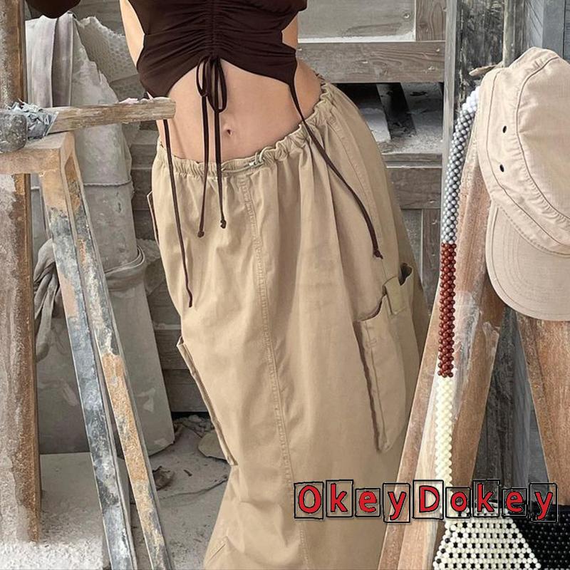 Chân Váy Kaki Lưng Thấp Có Túi Lớn Phối Dây Rút Phong Cách Cổ Điển Y2K Thời Trang Cho Nữ