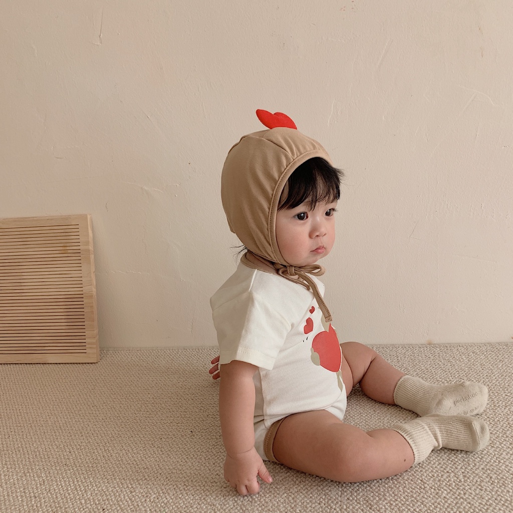 Bộ 2 Món Áo Liền Quần Tay Ngắn In Hình Chú Gấu + Nón Trái Tim 3D Thời Trang Mùa Hè Cho Bé 0-24 Tháng Tuổi