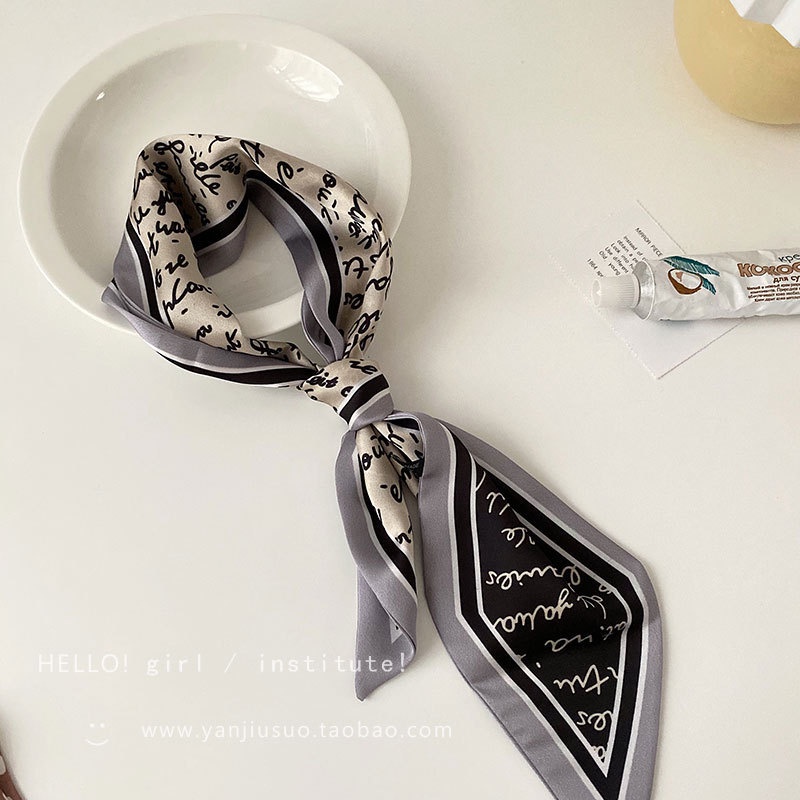 Khăn Choàng Cổ Dài Bằng Lụa Mỏng Họa Tiết Kẻ Sọc Thắt Nơ Dễ Phối Đồ Trang Trí Túi Xách Phong Cách Hàn Quốc