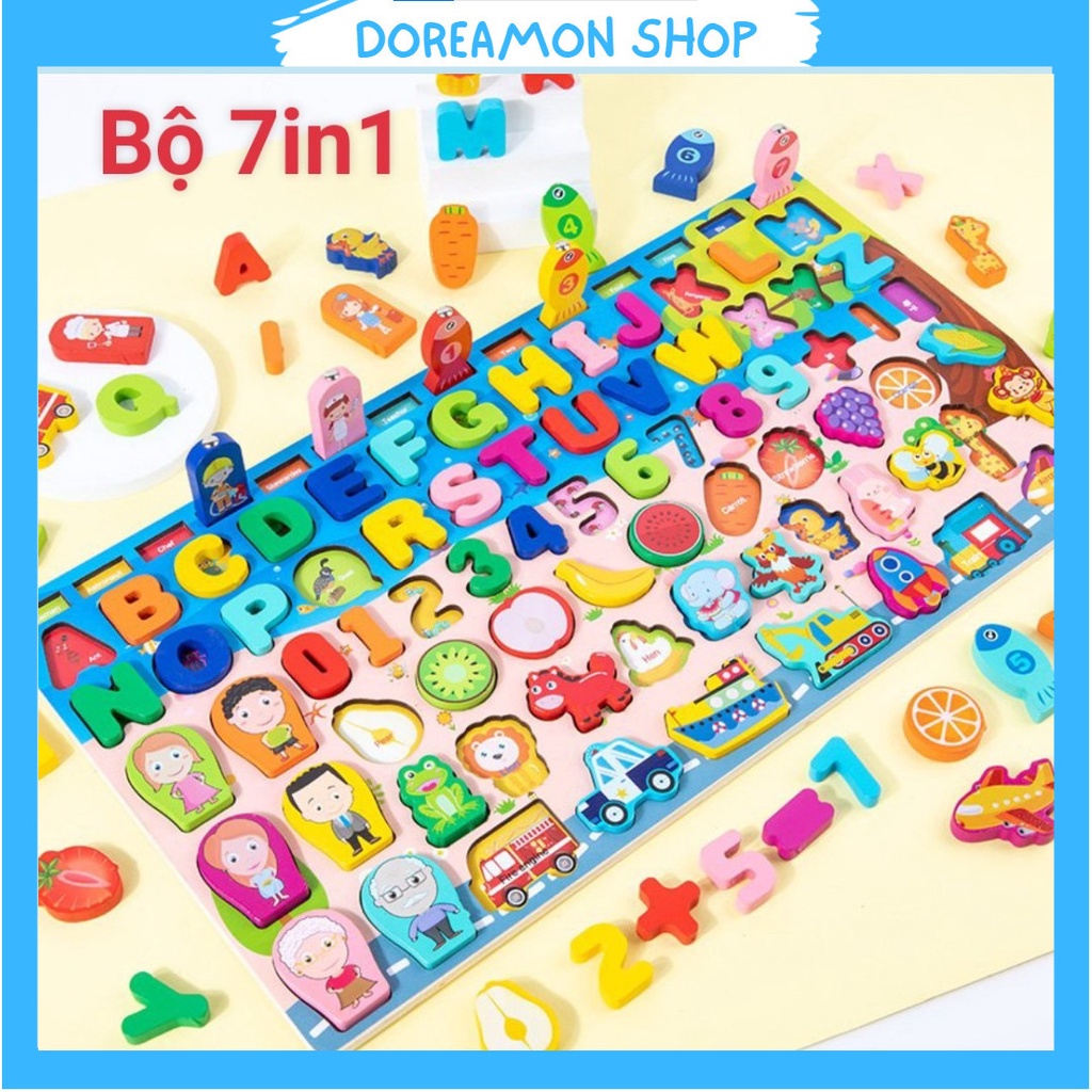 Bộ Bảng Gỗ Câu Cá Và Ghép Hình Học, Chữ Số, Chữ Cái, Phương Tiện cho bé 7in1. Doreamon Shop