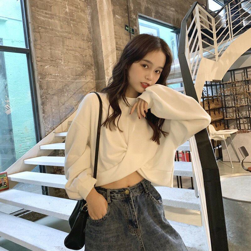 [RẺ VÔ CỰC] Áo Croptop Nỉ Xoắn Eo Dài Tay Basic - Áo Sweater Tay Dài Xoắn Eo