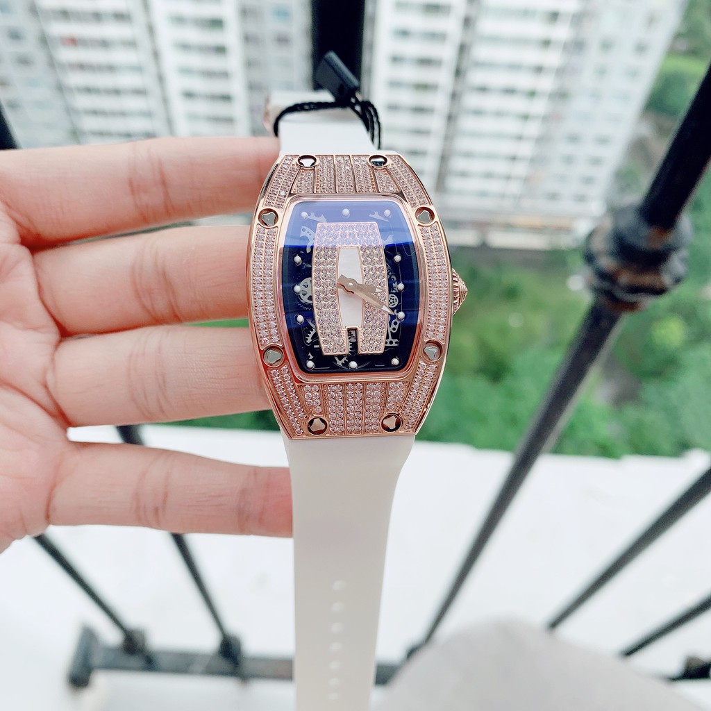 Đồng Hồ Huboler Hanboro Nữ Dây Silicon Trắng Mặt Đính Đá Rose Gold 31x42mm Authentic