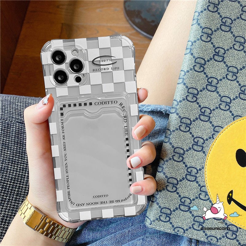 Ốp Điện Thoại Tpu Mềm Trong Suốt Sọc Caro Có Ngăn Đựng Thẻ Cho iPhone 7 8 14 plus 11 12 13 14 pro Max 6 6s plus XR X XS Max SE