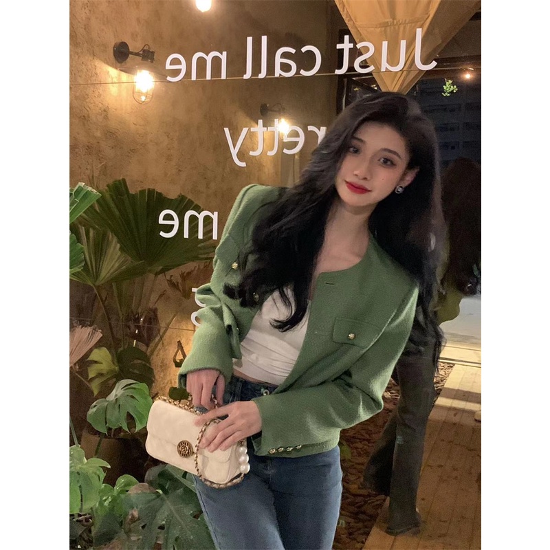 Áo Khoác Ngắn Màu Xanh Lá Phong Cách Hàn Quốc Thời Trang Mới Cho Nữ