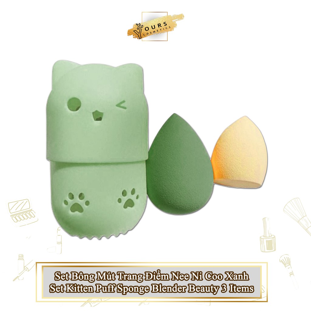 [Auth Thái] Set Bông Mút Trang Điểm Màu Xanh Nee Ni Coo Set Kitten Puff Sponge Blender Beauty 3 Items