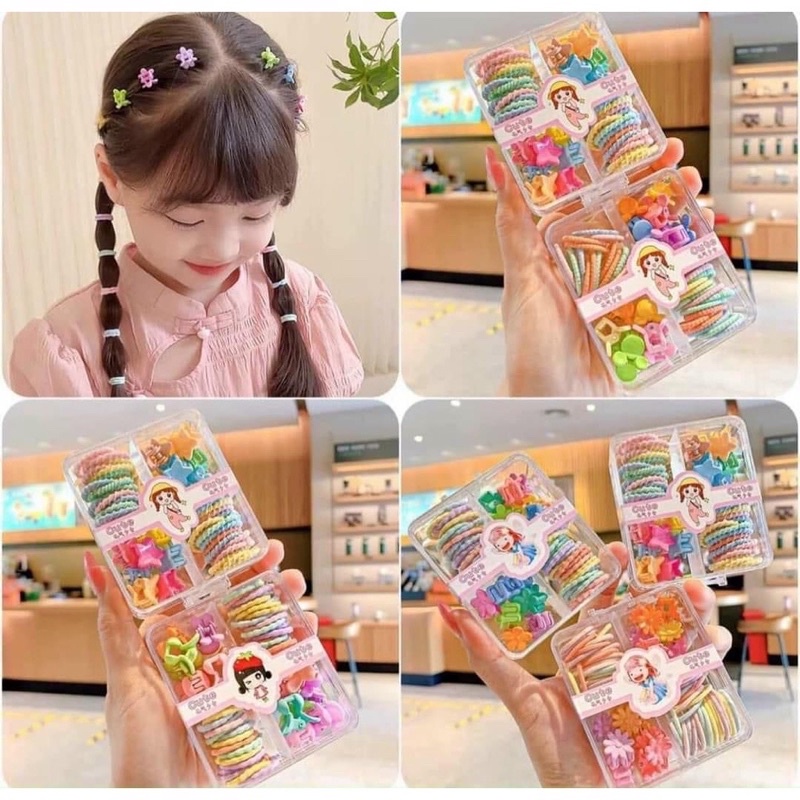 Hộp Dây Buộc Tóc Mix Kẹp Tóc Càng Cua Nhiều Màu Cho Bé Hộp Vuông 4 Ngăn