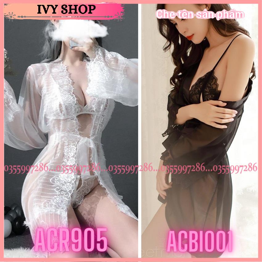 Áo Choàng Ngủ Kèm Set Bikini Cao Cấp, Set Đồ Ngủ Sexy Xuyên Thấu Gồm Áo Choàng + ĐỒ Lót Mã ACBI001, ACR905 Màu đen,trắng