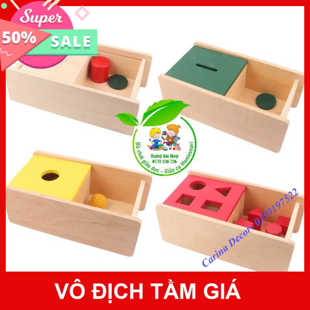 Giáo cụ Montessori 0-3 - Hộp Imbucare nắp lật thả xu, thả quả len, thả 4 hình khối cơ bản - Carina Decor