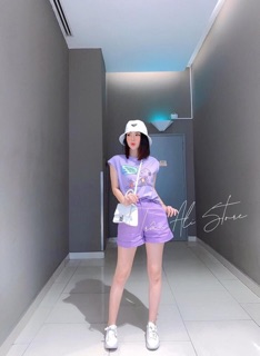 Set pull tím in hình short kaki tím