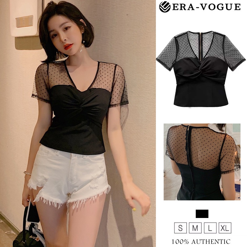 Eravogue🌷 Áo Thun Đen Tay Ngắn Cổ Chữ V Dáng Ôm Hoạ Tiết Chấm Bi Dành Cho Nữ 3923