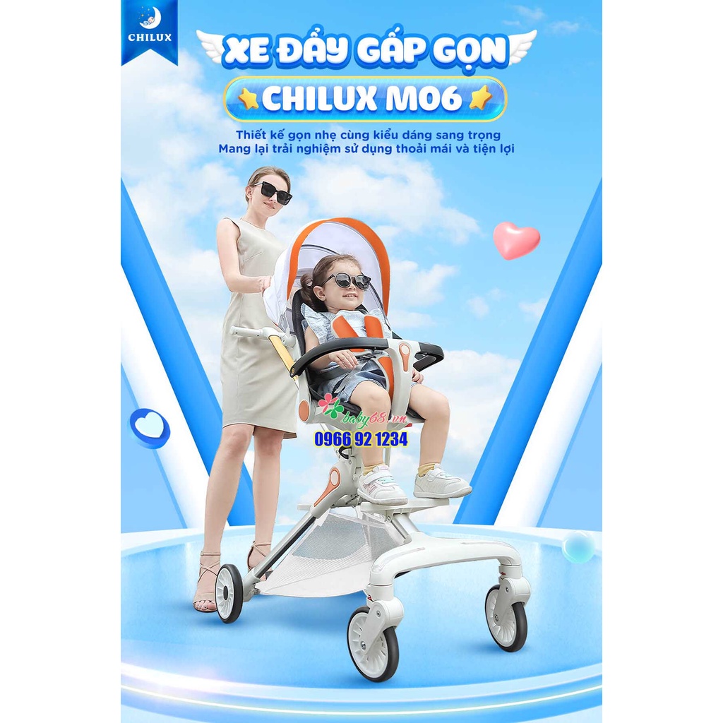 Xe đẩy gấp gọn cho em bé CHILUX M06 - Đèn xe phát sáng, chế độ giảm sốc. Xoay 360 độ