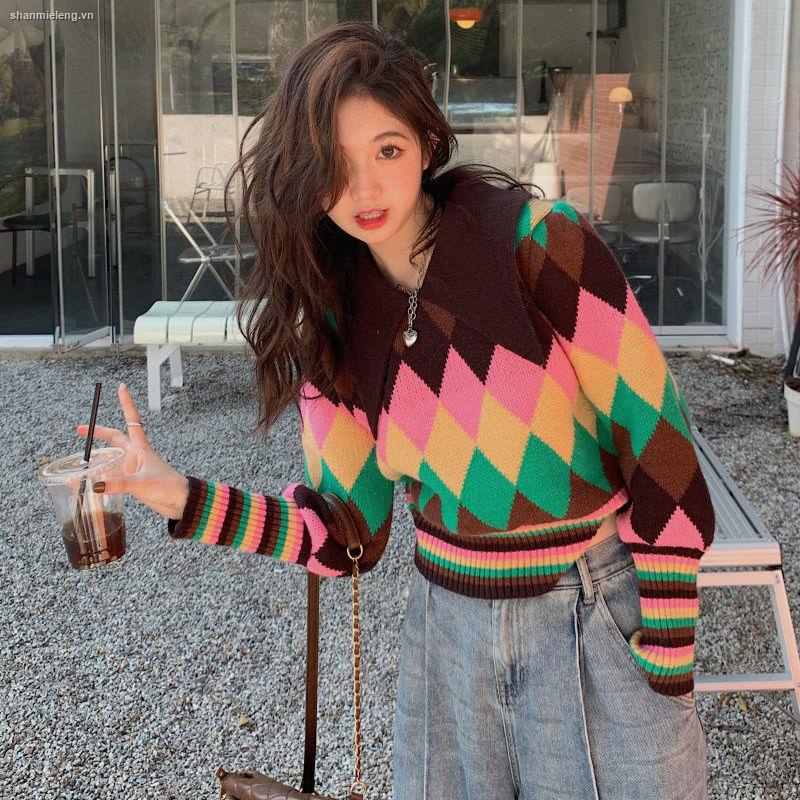 Áo sweater dáng ngắn cổ búp bê thời trang mùa đông 2021 dành cho nữ