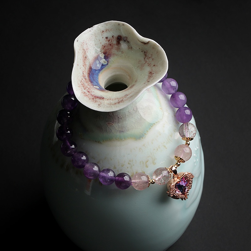 [Hàng Mới Về] Vòng Tay Đính Pha Lê Thạch Anh Tím Trái Tim Đại Dương Phong Cách Đơn Giản Cho Nữ