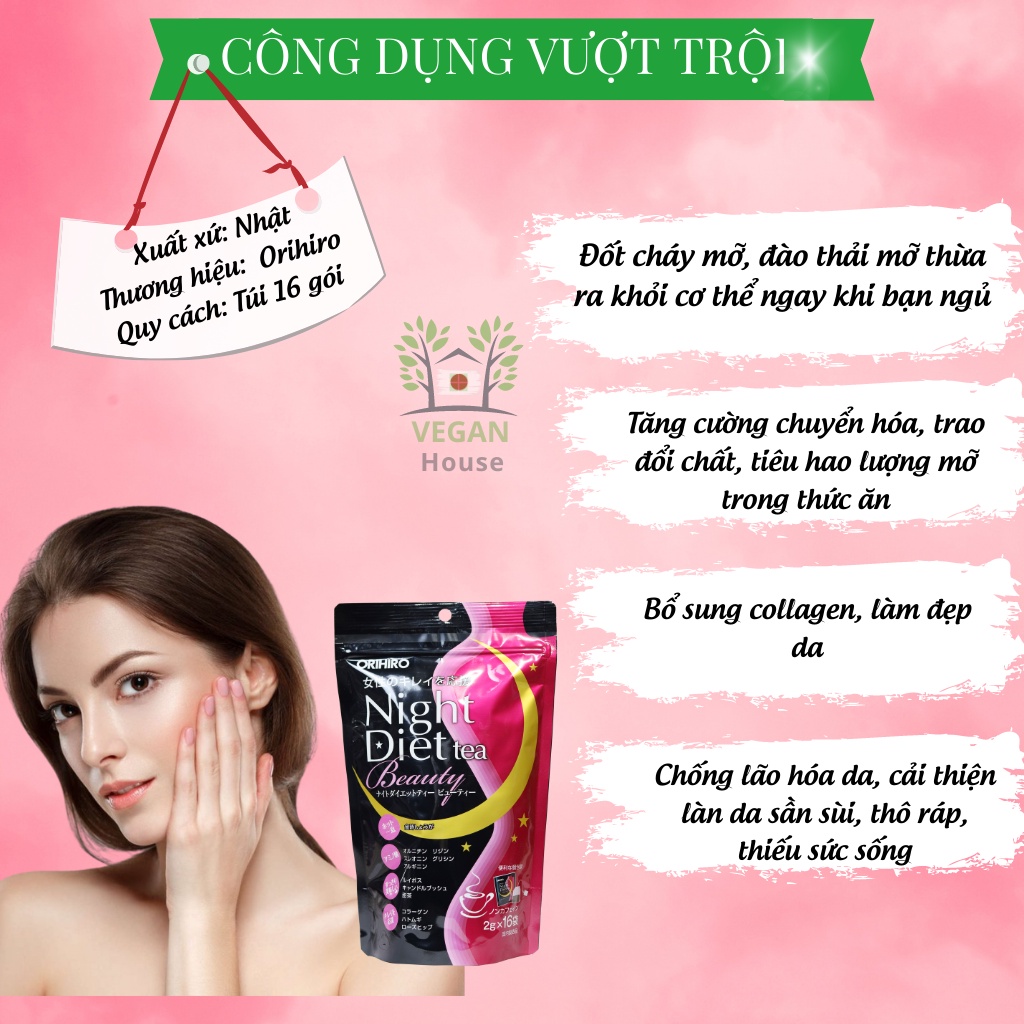 Trà giảm cân ban đêm Orihiro Night Diet Tea Beauty giúp thanh mát, cải thiện giấc ngủ và đẹp da