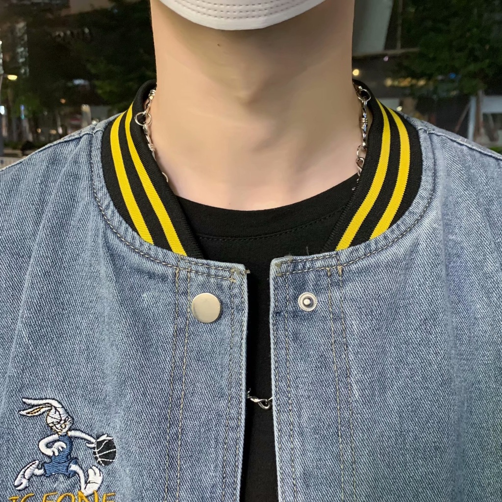 Áo khoác nam vải jean thời trang Hàn Quốc cá tính ifashion áo khoác bóng chày nam in hoa Soild color Thêu thùa new top