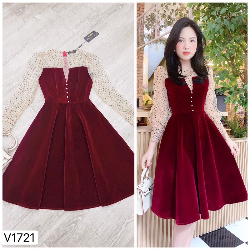 Váy nhung xoè phối tay lưới