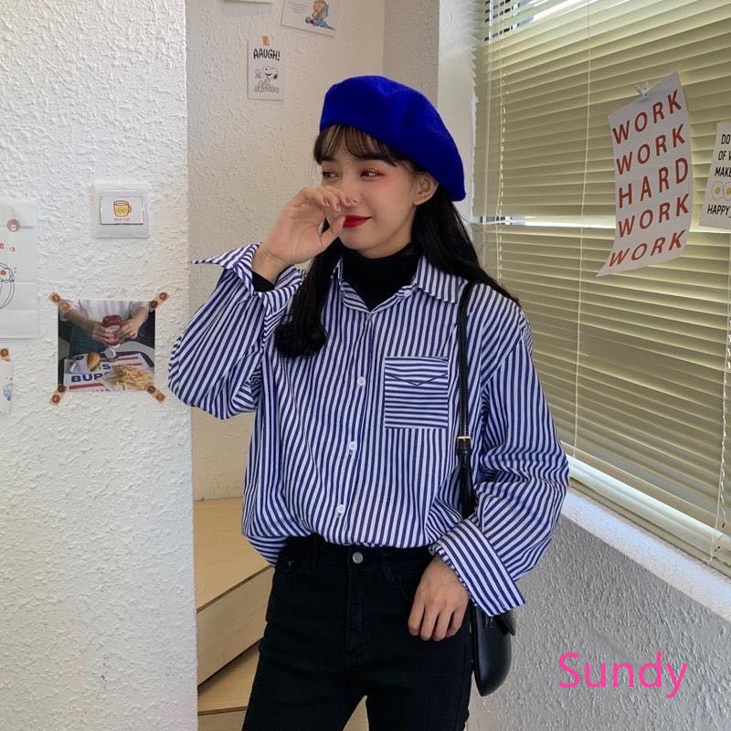 Áo Sơ Mi Cổ Polo Kẻ Sọc Kiểu Hàn Quốc Thời Trang Mùa Thu Cho Nữ
