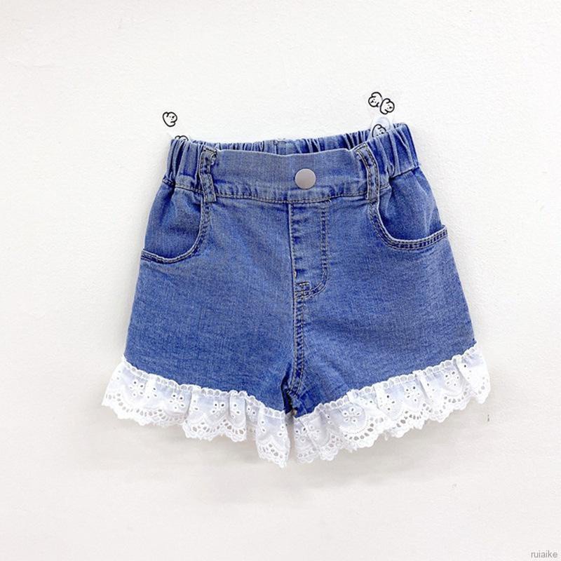 Quần Short Denim Lưng Thun Phối Ren Có Nút Cho Bé Gái