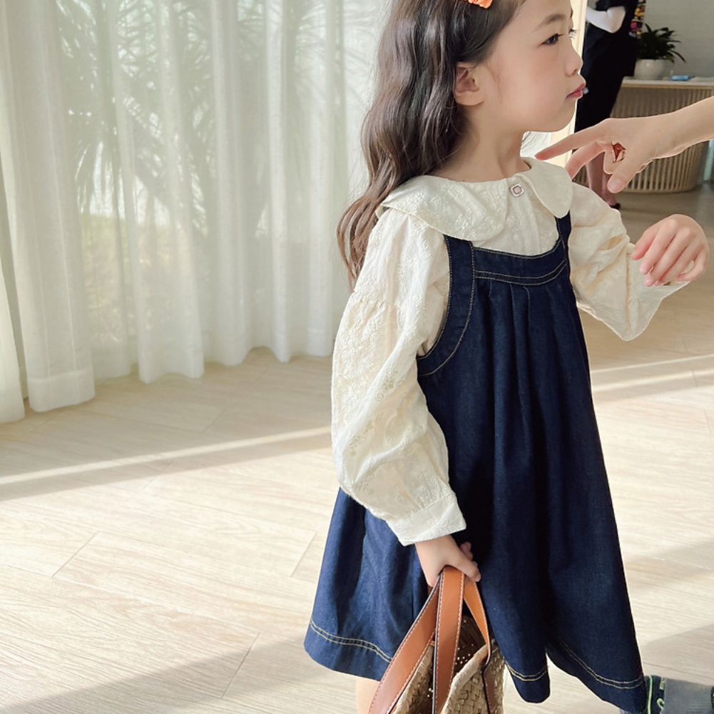 Set Đầm Yếm Denim + Áo Sơ Mi Ren Thời Trang Mùa Thu Phong Cách Hàn Quốc Cho Bé Gái