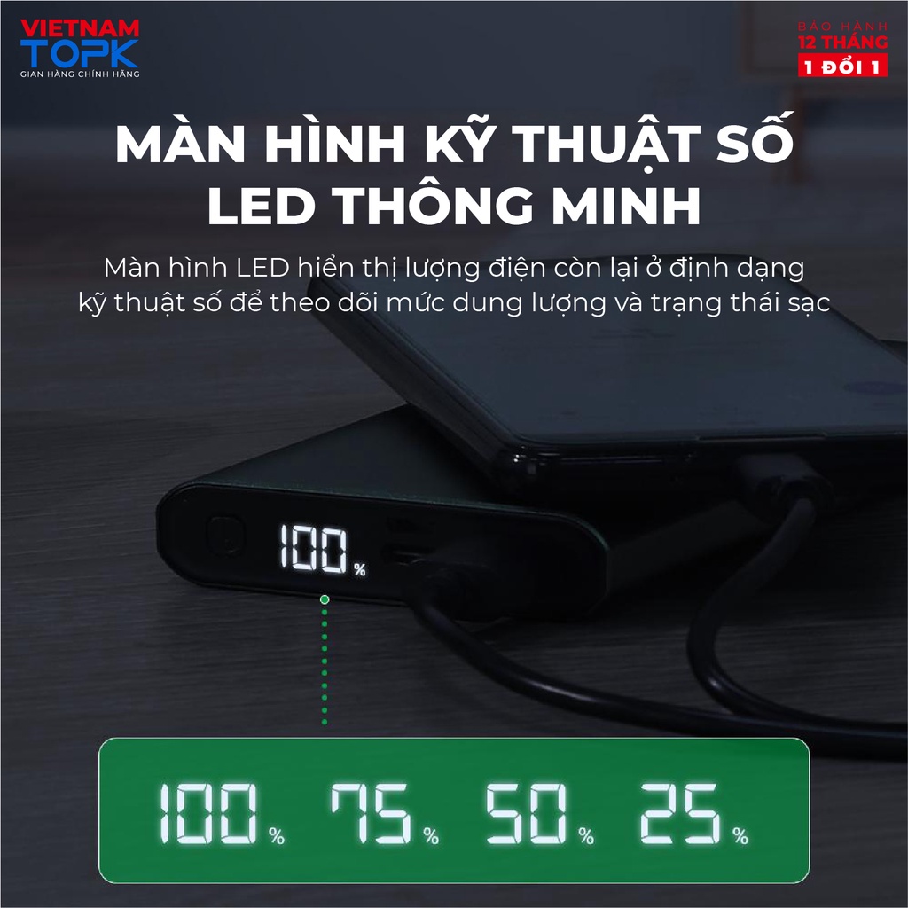 Sạc dự phòng TOPK I1006P 10000mAh - Sạc PD 18W - Màn hình LED - Hàng phân phối chính hãng - Bảo hành 12 tháng 1 đổi 1