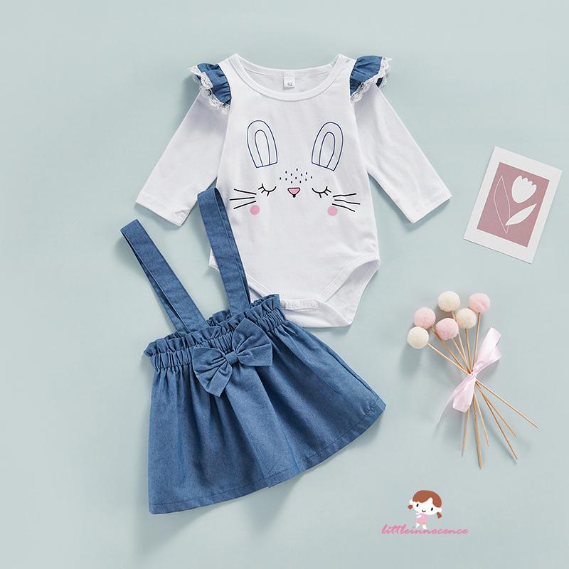 Bộ áo liền quần tay bèo in hình thỏ kèm váy yếm đính nơ dễ thương cho bé gái sơ sinh