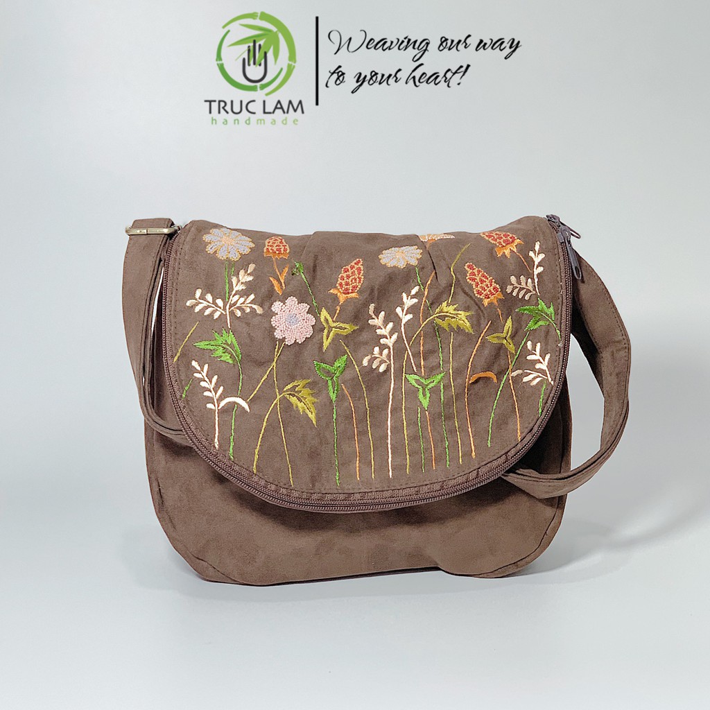 Túi Đeo Chéo Thời Trang Nữ Vải Da Lộn Thêu Tay Họa Tiết Cành Hoa (D) - Trúc Lâm Handmade