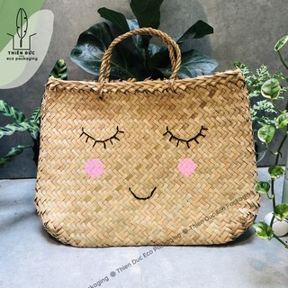 GIỎ ĐỆM/ LÀN ĐI CHỢ/ TÚI CÓI THỦ CÔNG thêu má hồng – 30X40 CM – Giảm thiểu sử dụng túi ni long khi đi chợ, BVMT