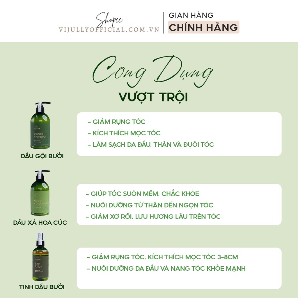 Bộ chăm sóc tóc cao cấp Vijully dầu gội bưởi, dầu xả dừa hoa cúc, xịt bưởi chính hãng