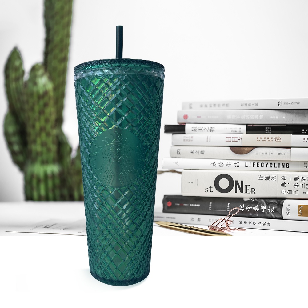 Đính Kim Cương Treo Tường Đôi Tumbler Trong 24 Oz Có Ống Hút Nhựa 2 Lớp Ống Hút Tay Lỡ Cầm Cốc
