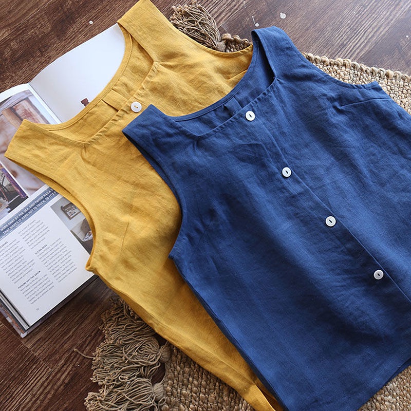 Áo Thun Sát Nách 100% Cotton Nguyên Chất Dáng Rộng Cài Nút Thời Trang Mùa Hè Cho Nữ