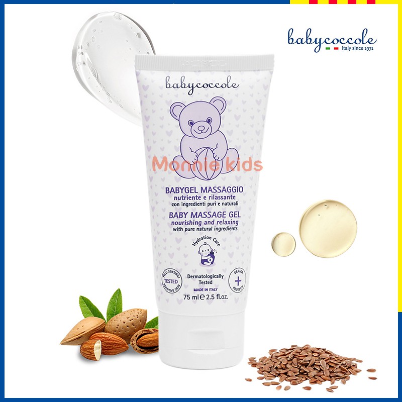 Gel Massage BABYCOCCOLE 0m+ 75ml, Gel mát xa hạnh nhân cấp ẩm dịu da cho bé - Monnie Kids