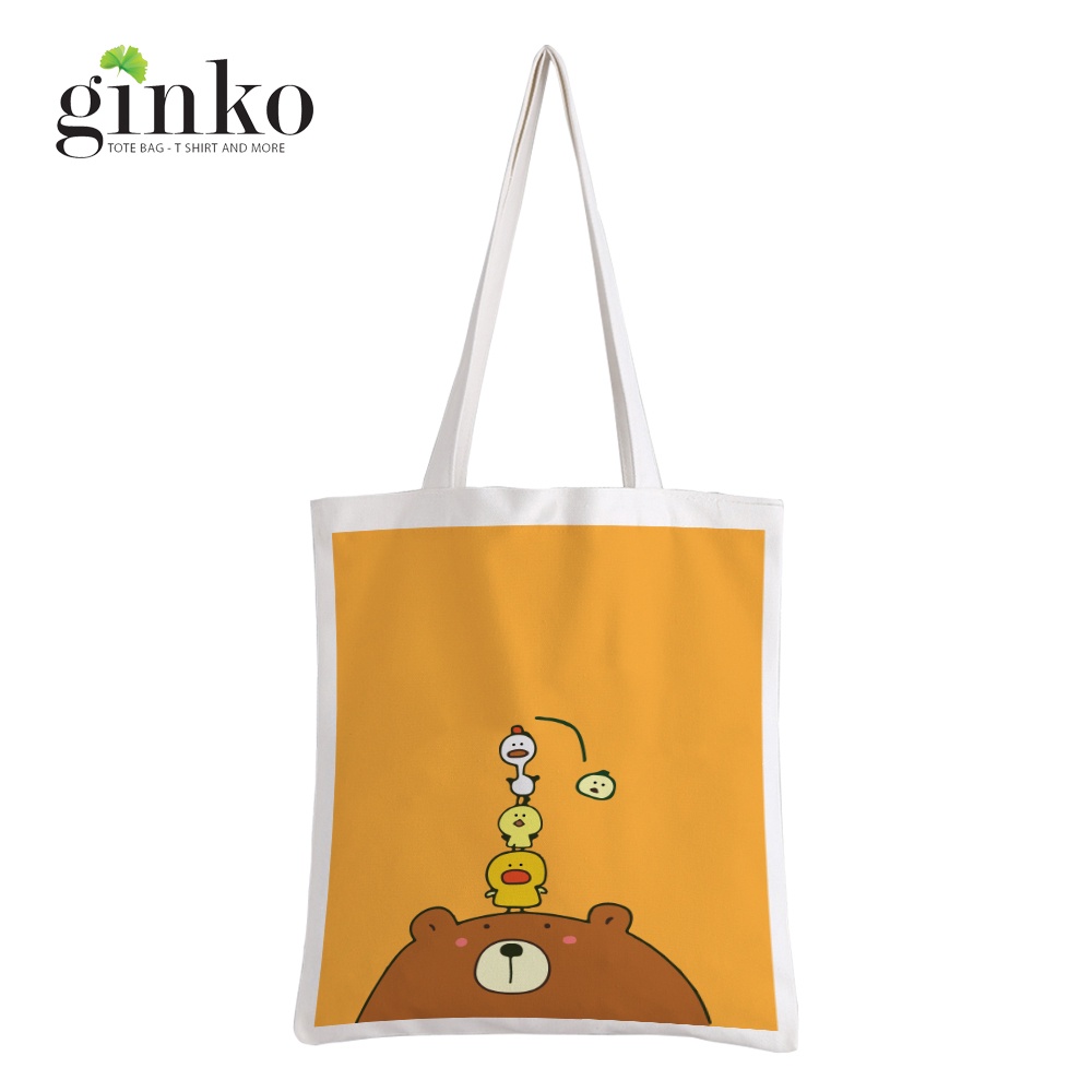 Túi vải tote GINKO kiểu basic dây kéo in hình gấu cute G164