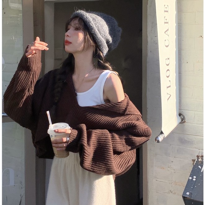 QADCOL Áo có mũ dài tay cổ chữ V dáng rộng thiết kế giản dị thời trang