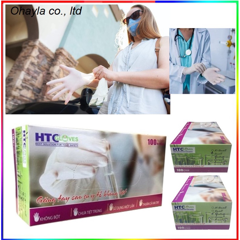 Găng tay y tế HTC Gloves không bột, cao su Latex màu trắng size S, M hộp 100 cái.