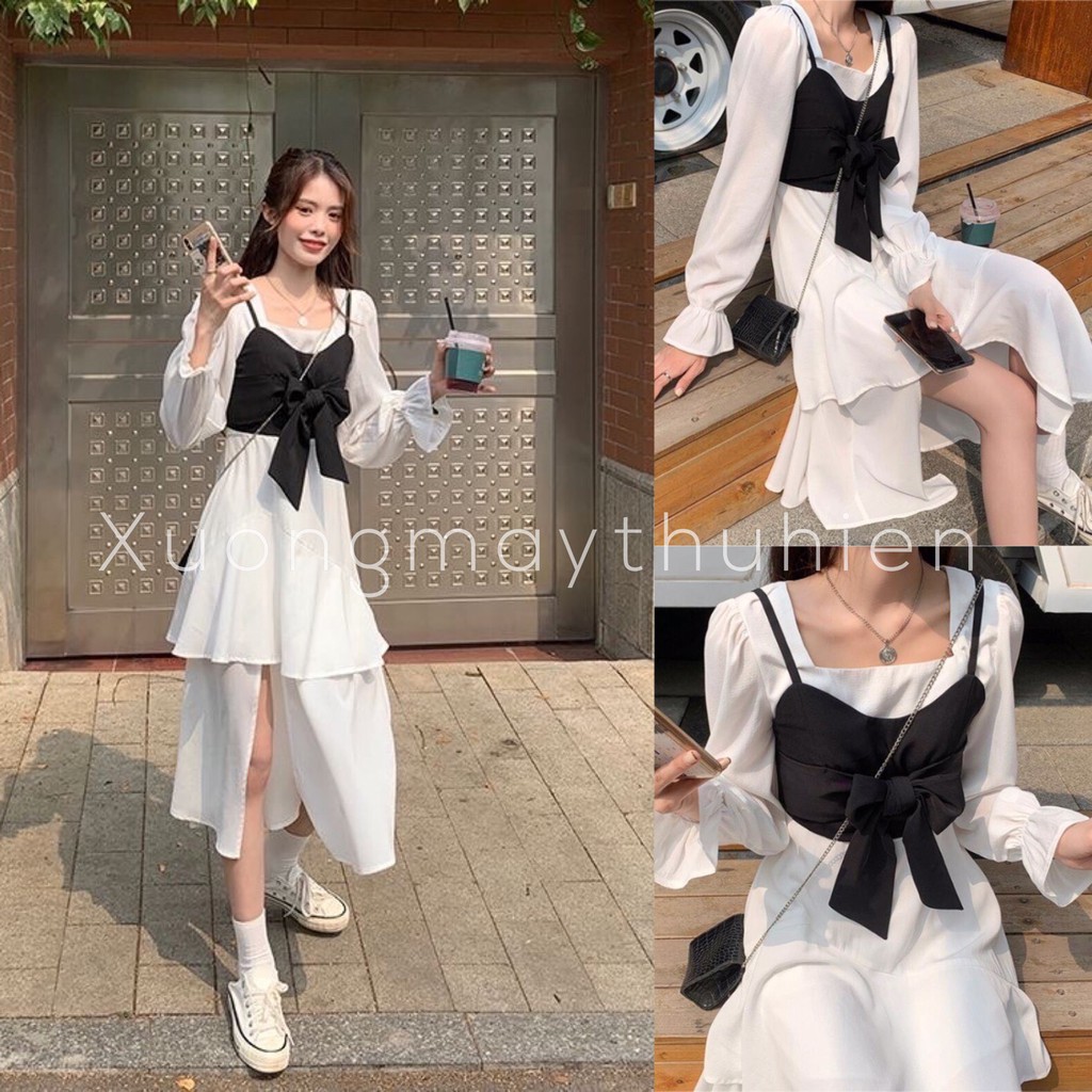 Váy cổ vuông tay bồng lệch tà dáng dài phong cách retro/ Váy babydoll nữ dáng xòe tiểu thư _xuongmaythuhien