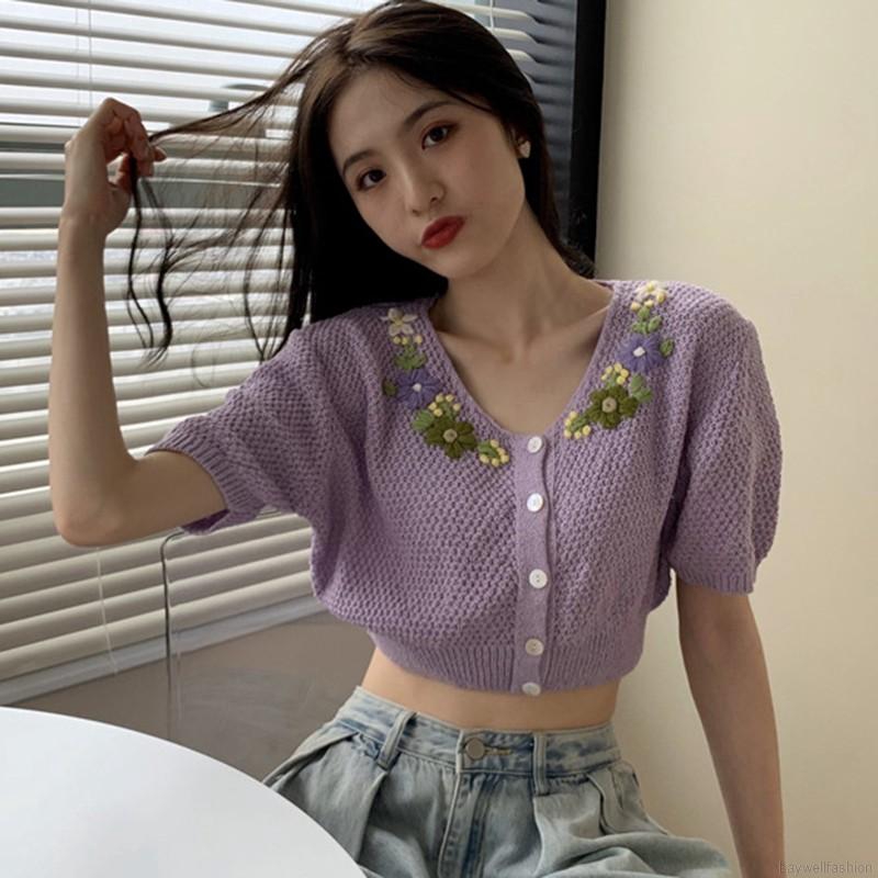 [Baywellfashion]Áo Cardigan Dệt Kim Tay Ngắn Cổ Chữ V Hoạ Tiết Hoa Thêu Phong Cách Retro Cho Nữ | BigBuy360 - bigbuy360.vn