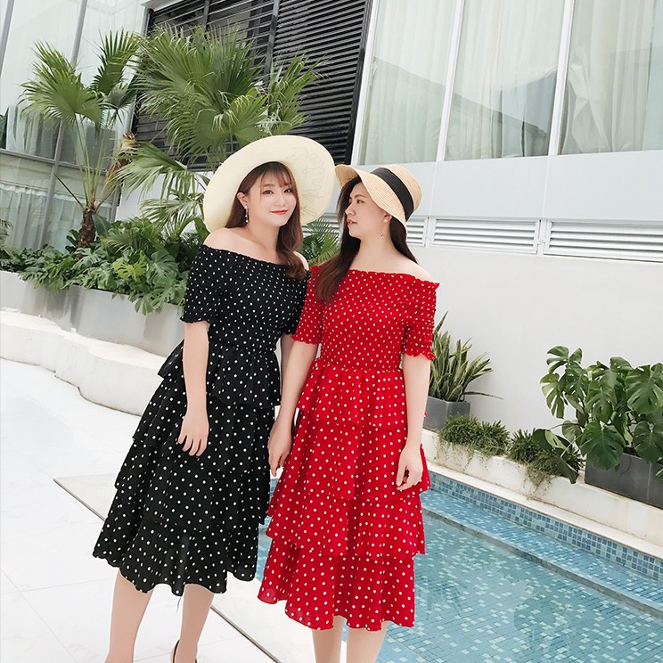 Đầm trễ vai 4 tầng cho người béo mập - VBEO201