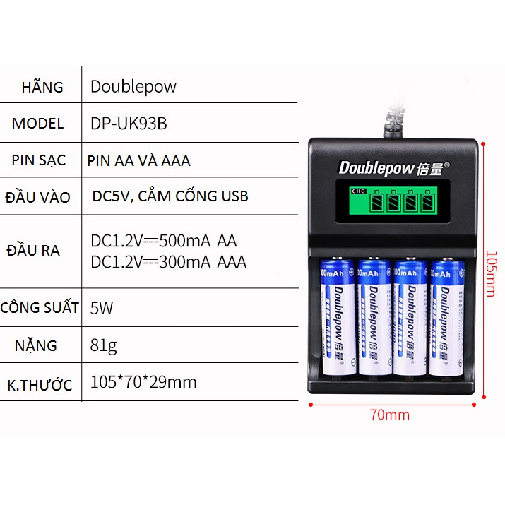 Bộ Sạc Pin Tự Ngắt Có Đèn Báo Dung Lượng, Màn Hình LCD Dùng Cho Pin Tiểu Sạc AA Và Pin Đũa Sạc AAA